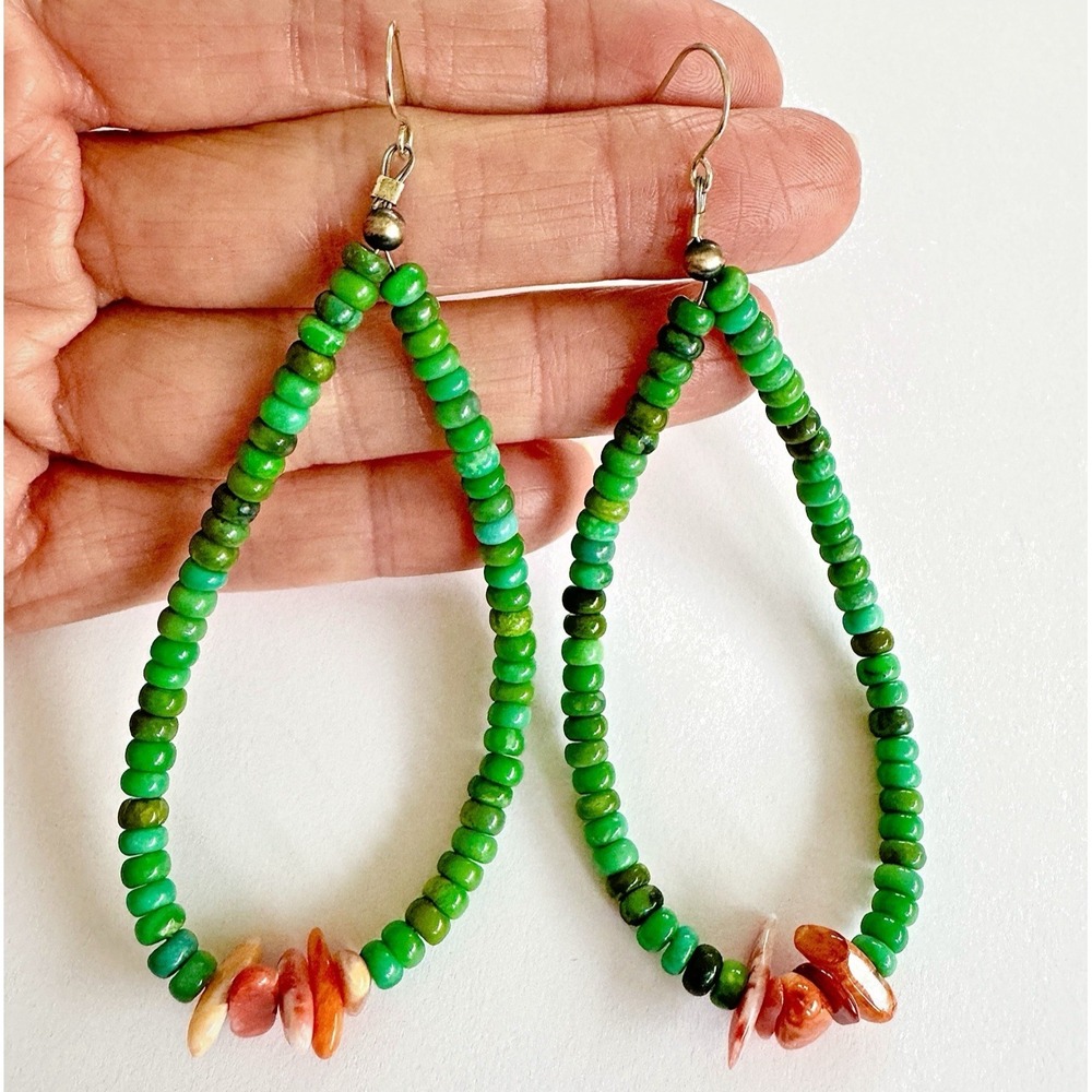 Jacla Navajo Earrings Turquoise Heishi 4in Dangle Hook Red Spiny Loops Long 925